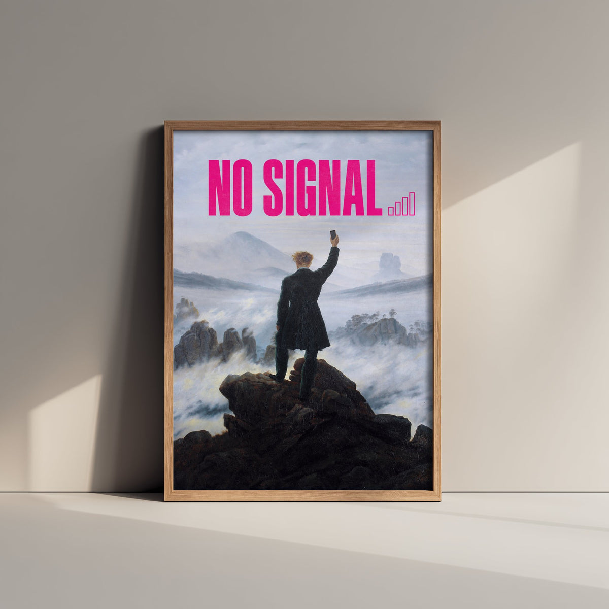 No Signal Funny Art Print - Wanderer above the Sea of Fog by Friedrich Parody Poster - Altered Classic Painting - Hiker Gift