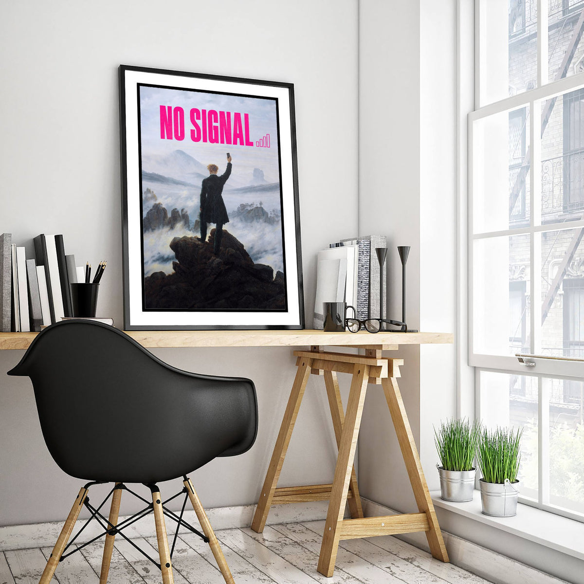 No Signal Funny Art Print - Wanderer above the Sea of Fog by Friedrich Parody Poster - Altered Classic Painting - Hiker Gift