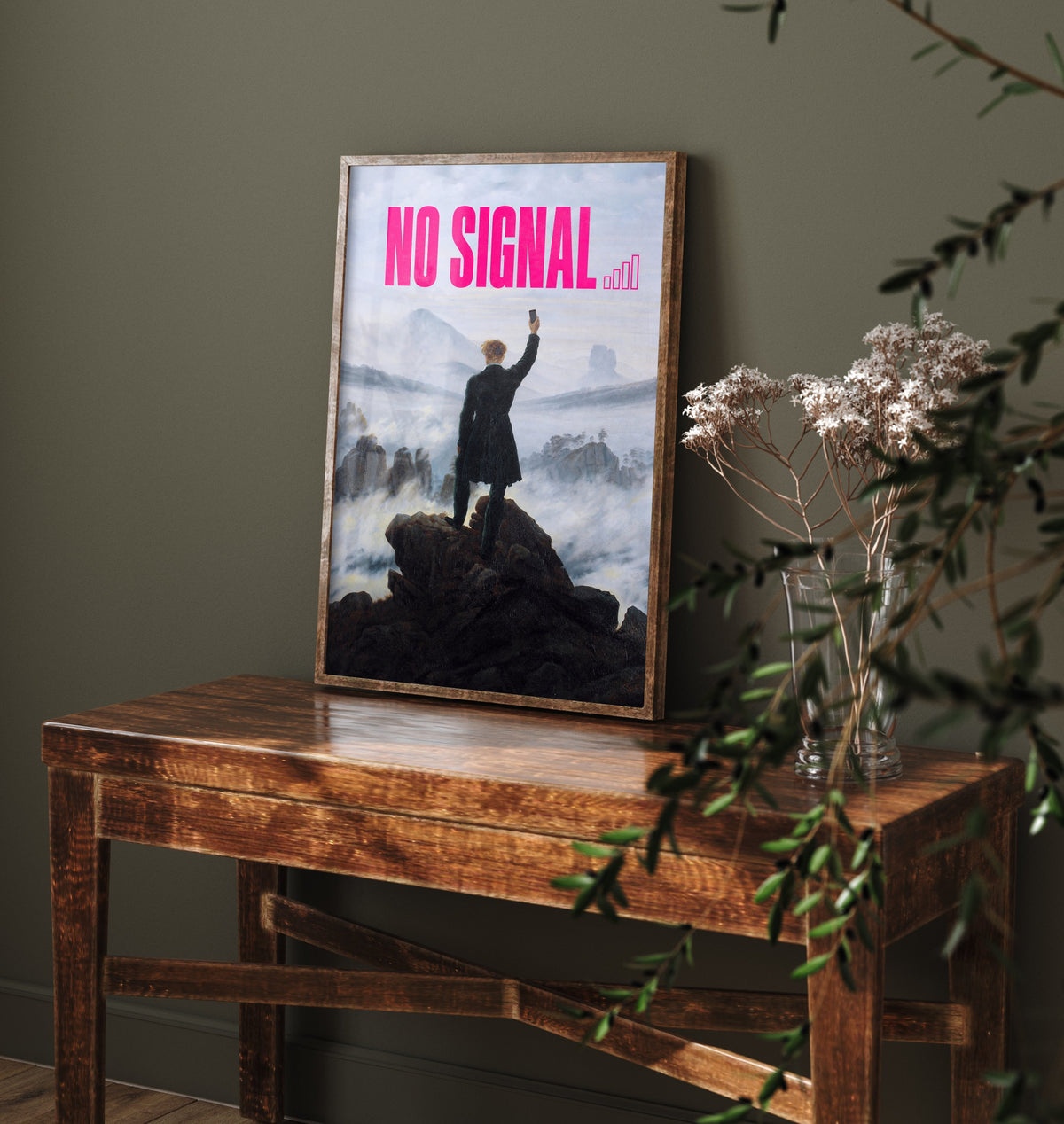 No Signal Funny Art Print - Wanderer above the Sea of Fog by Friedrich Parody Poster - Altered Classic Painting - Hiker Gift