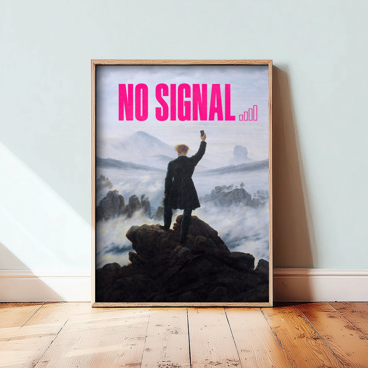 No Signal Funny Art Print - Wanderer above the Sea of Fog by Friedrich Parody Poster - Altered Classic Painting - Hiker Gift