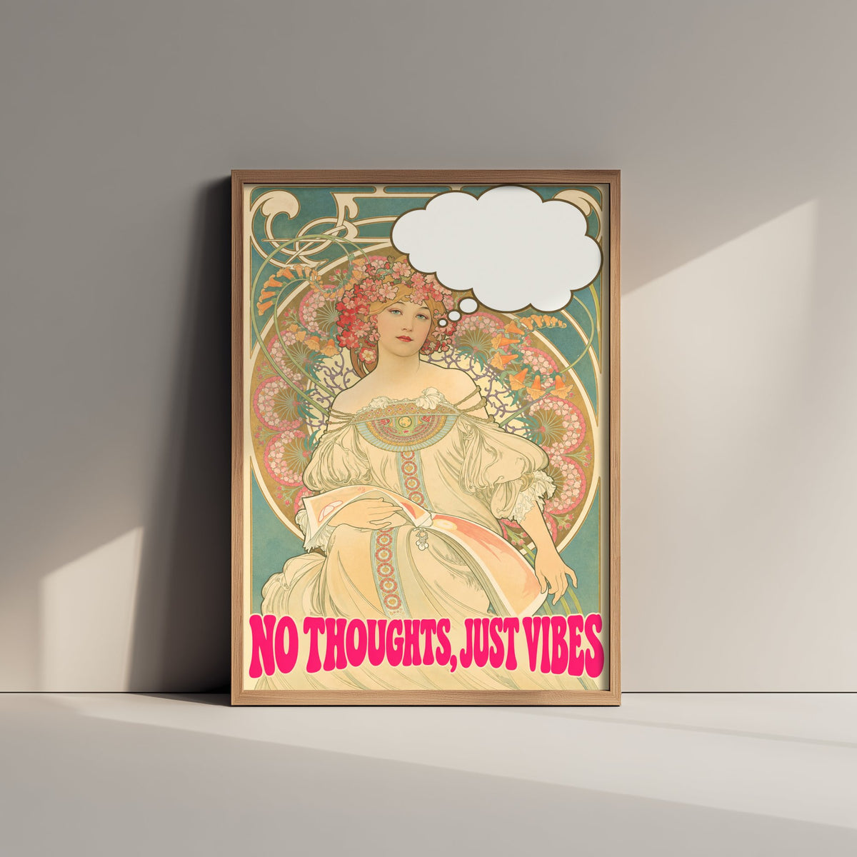No Thoughts Just Vibes Funny Art Print - Reverie by Mucha Parody Poster - Altered Art Nouveau Illustration - Chill Gift