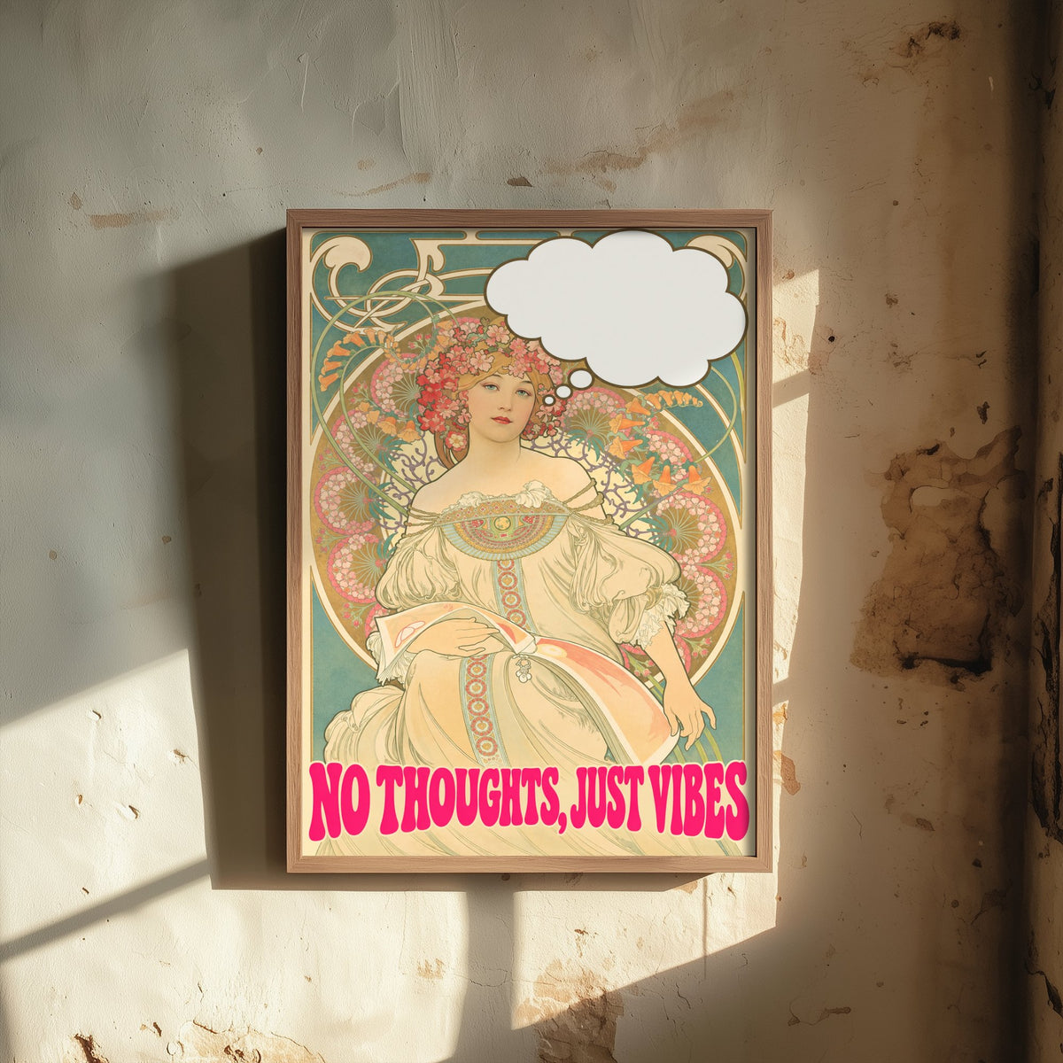 No Thoughts Just Vibes Funny Art Print - Reverie by Mucha Parody Poster - Altered Art Nouveau Illustration - Chill Gift
