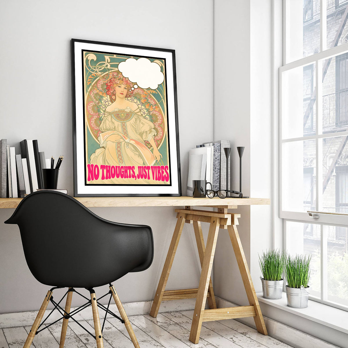 No Thoughts Just Vibes Funny Art Print - Reverie by Mucha Parody Poster - Altered Art Nouveau Illustration - Chill Gift