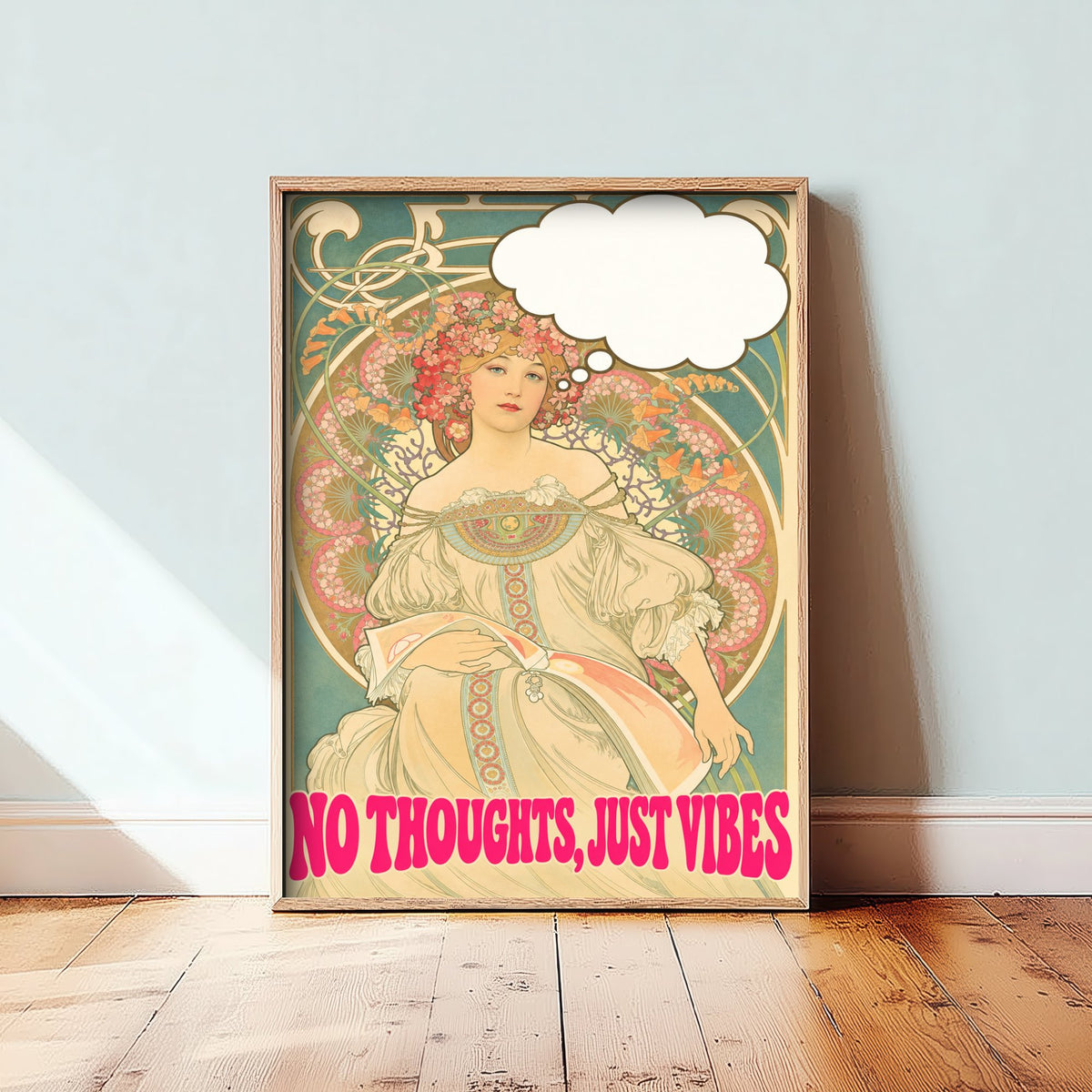 No Thoughts Just Vibes Funny Art Print - Reverie by Mucha Parody Poster - Altered Art Nouveau Illustration - Chill Gift