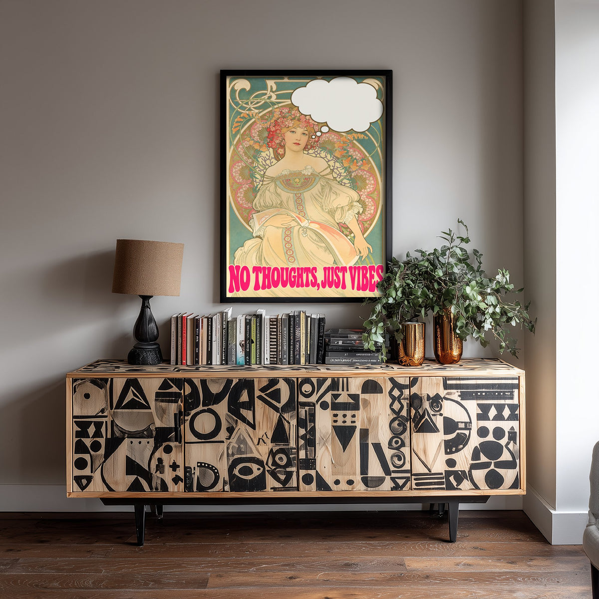 No Thoughts Just Vibes Funny Art Print - Reverie by Mucha Parody Poster - Altered Art Nouveau Illustration - Chill Gift