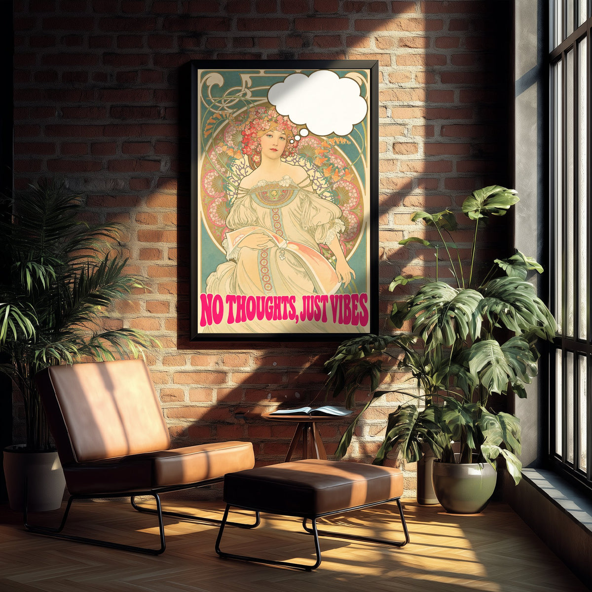 No Thoughts Just Vibes Funny Art Print - Reverie by Mucha Parody Poster - Altered Art Nouveau Illustration - Chill Gift