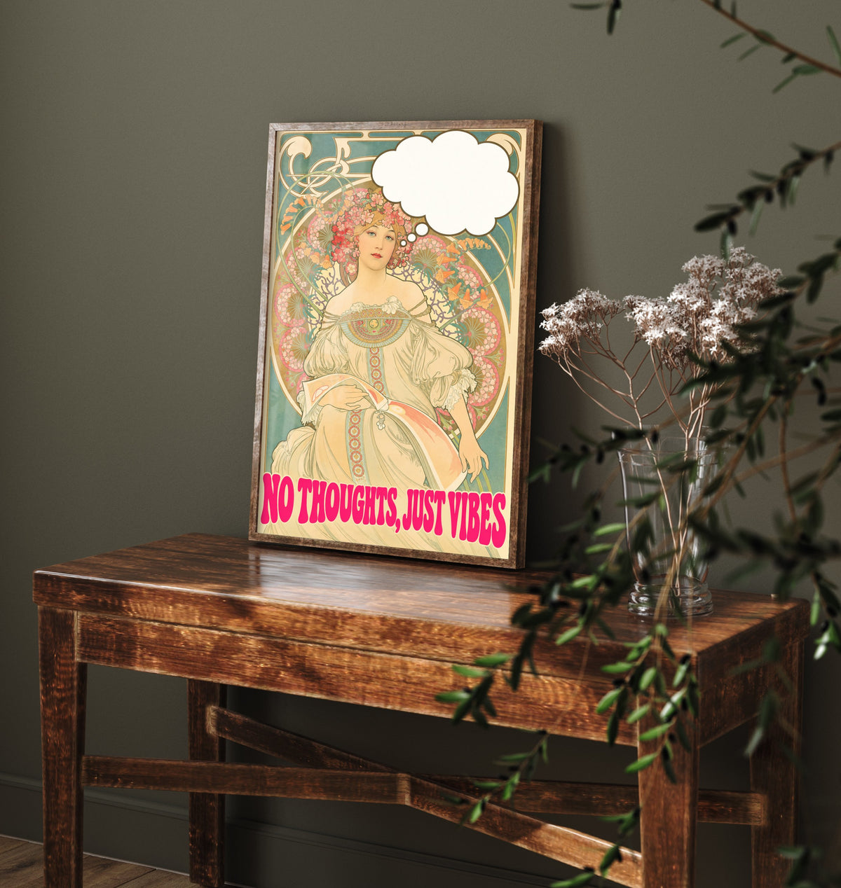 No Thoughts Just Vibes Funny Art Print - Reverie by Mucha Parody Poster - Altered Art Nouveau Illustration - Chill Gift