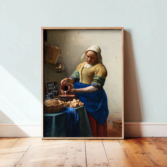 Oat Milk Funny Art Print - The Milkmaid by Vermeer Parody Poster - Altered Classic Painting - Coffee Lover Gift