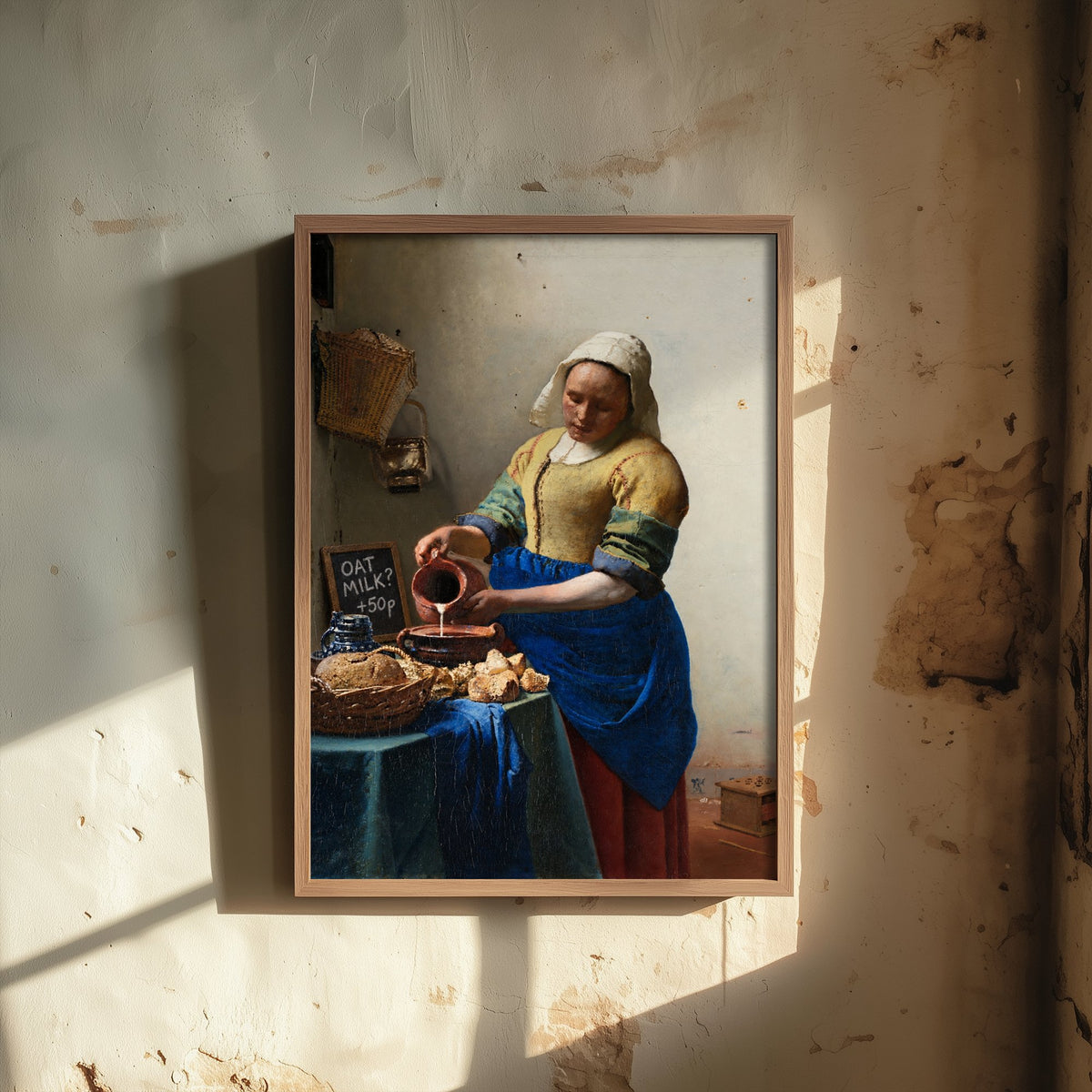 Oat Milk Funny Art Print - The Milkmaid by Vermeer Parody Poster - Altered Classic Painting - Coffee Lover Gift