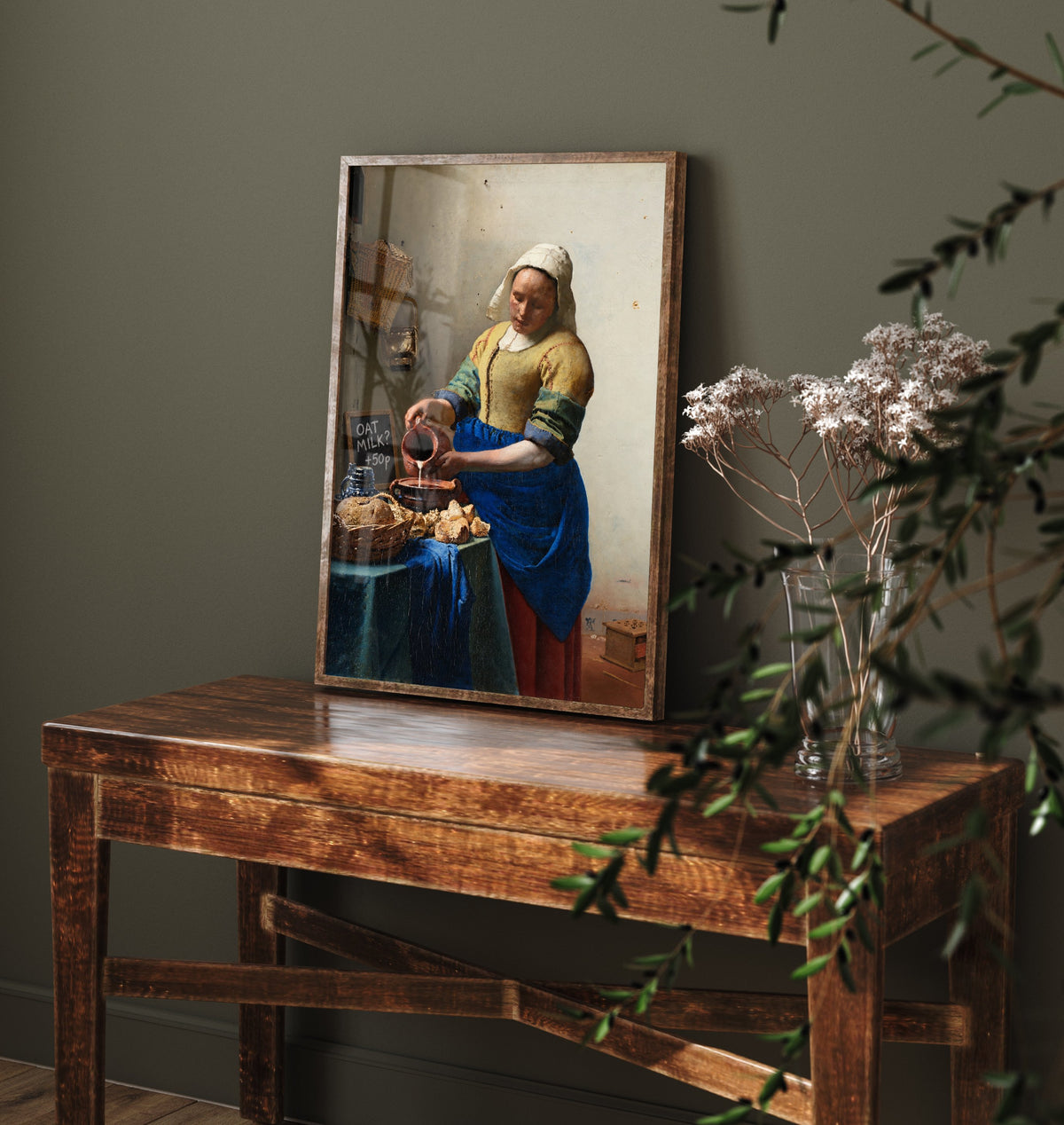 Oat Milk Funny Art Print - The Milkmaid by Vermeer Parody Poster - Altered Classic Painting - Coffee Lover Gift