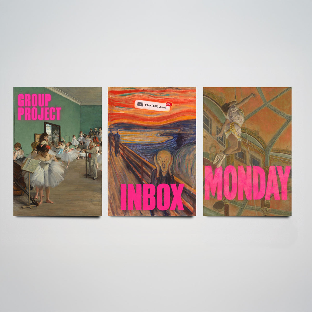 Funny Office Set of Three Art Prints - Group Project, Inbox, Monday - Classic Painting Parody Poster