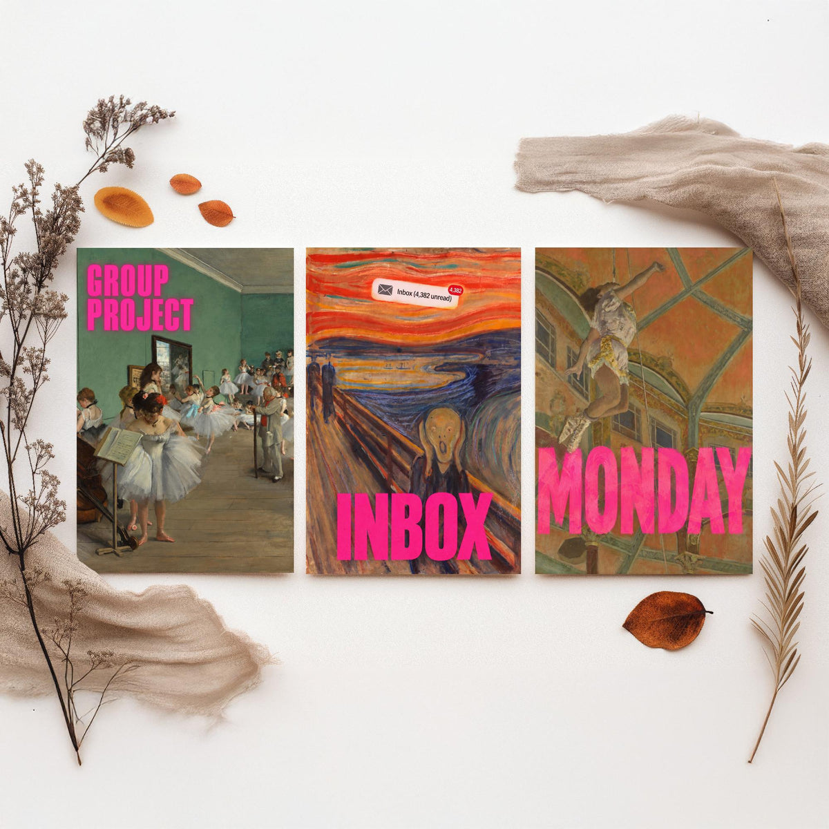 Funny Office Set of Three Art Prints - Group Project, Inbox, Monday - Classic Painting Parody Poster