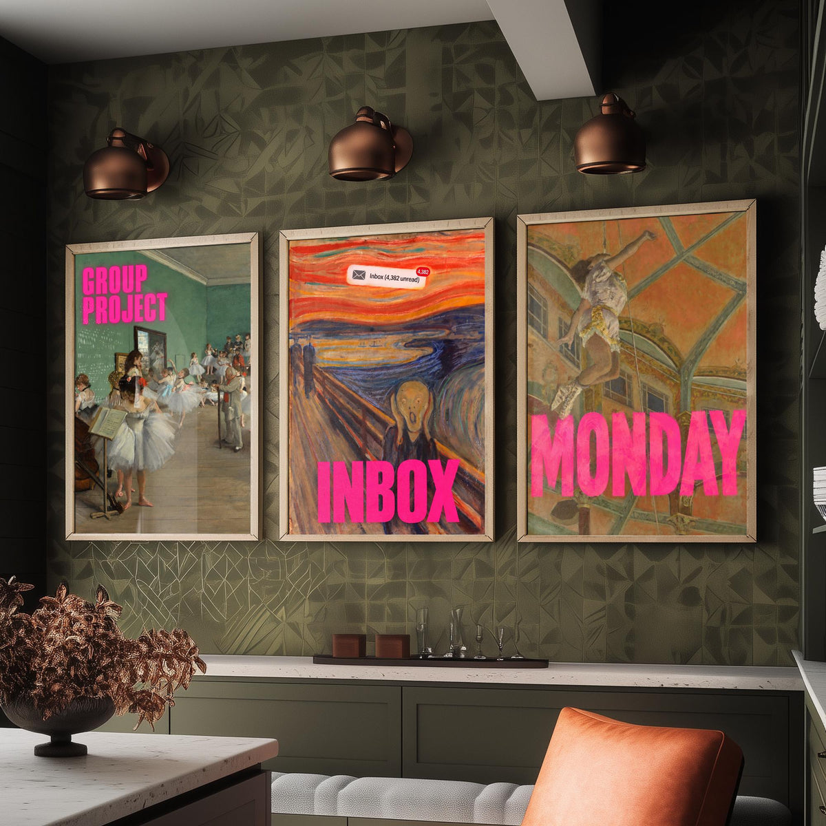 Funny Office Set of Three Art Prints - Group Project, Inbox, Monday - Classic Painting Parody Poster