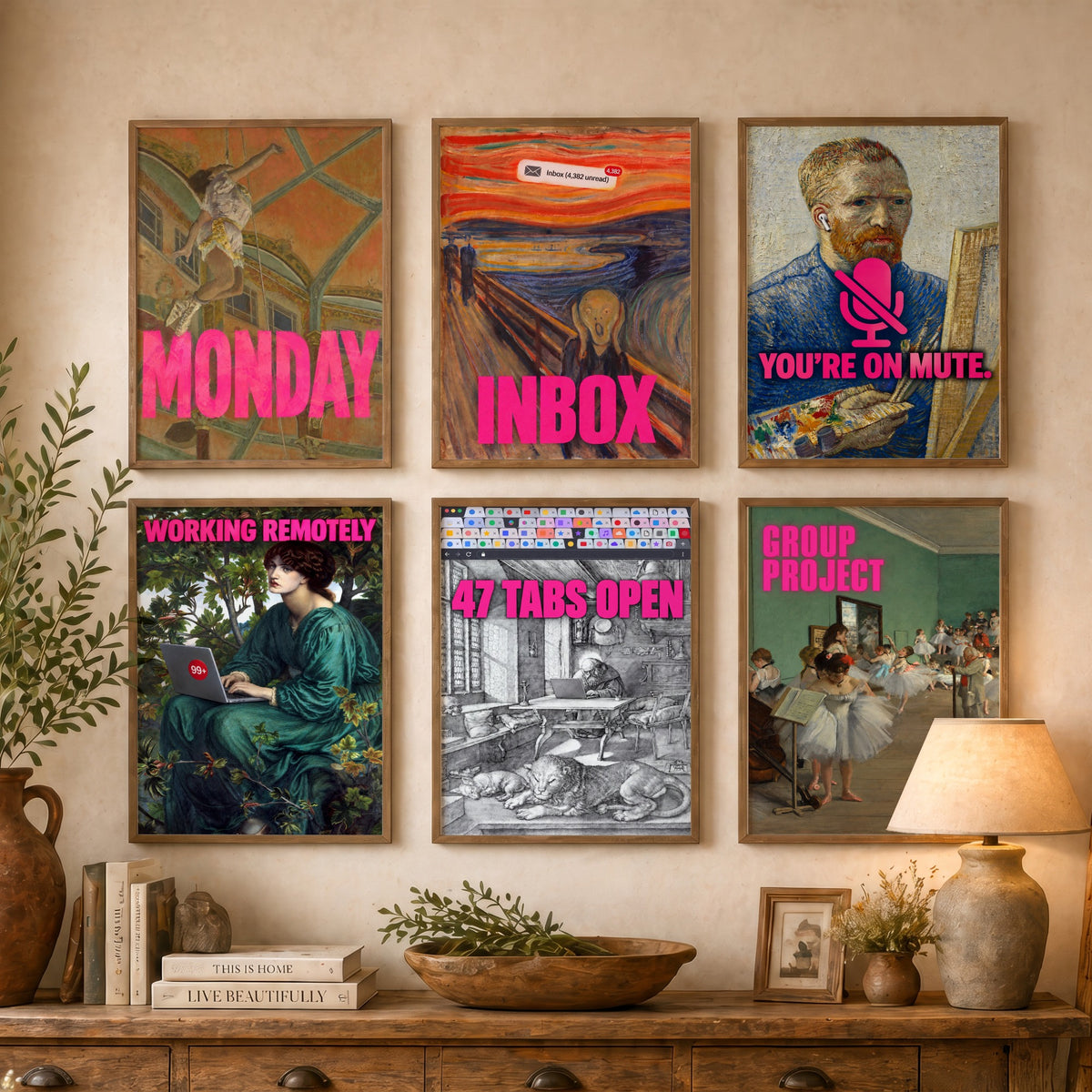 Set of Six Funny Office Art Prints - Monday, Inbox, You're on Mute, Working Remotely, 47 Tabs Open - Classic Painting Parody Poster