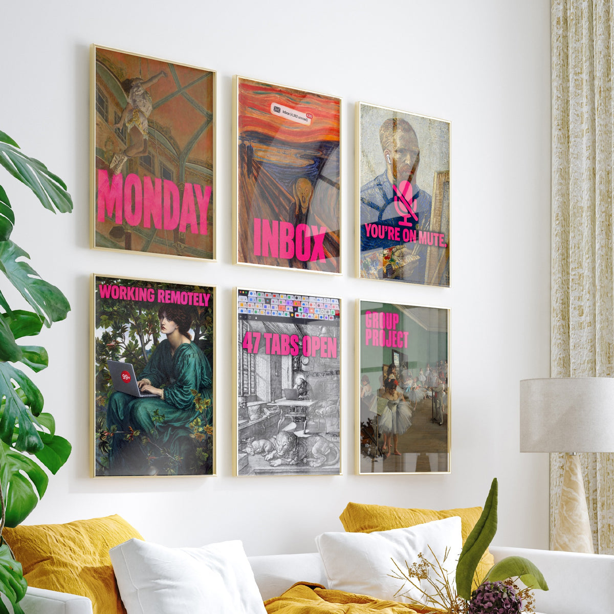 Set of Six Funny Office Art Prints - Monday, Inbox, You're on Mute, Working Remotely, 47 Tabs Open - Classic Painting Parody Poster