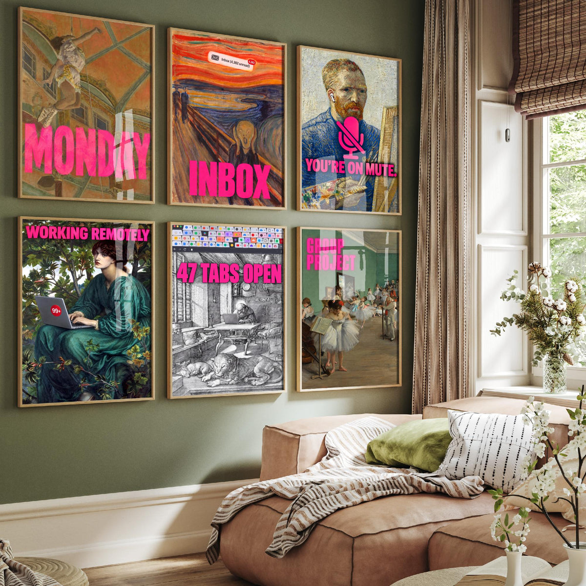 Set of Six Funny Office Art Prints - Monday, Inbox, You're on Mute, Working Remotely, 47 Tabs Open - Classic Painting Parody Poster