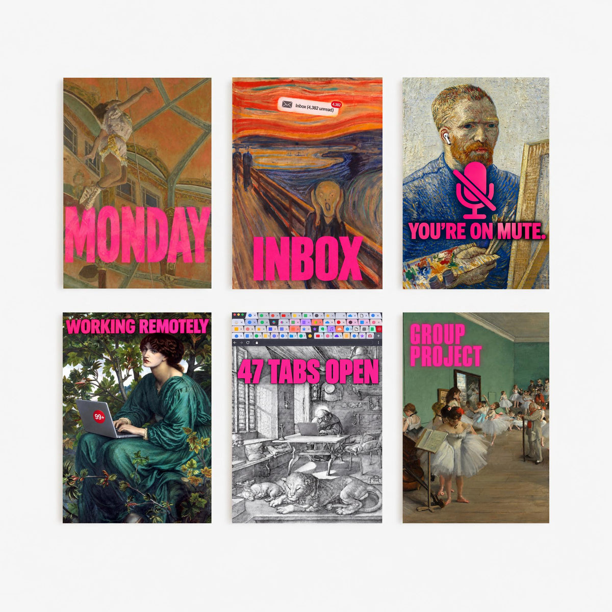 Set of Six Funny Office Art Prints - Monday, Inbox, You're on Mute, Working Remotely, 47 Tabs Open - Classic Painting Parody Poster