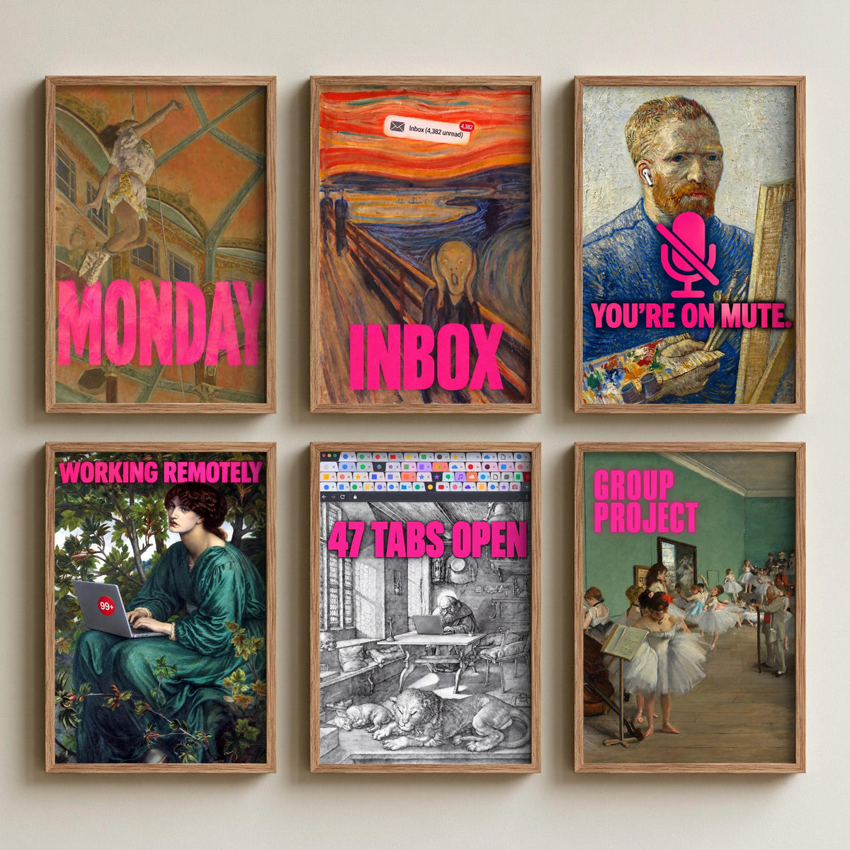 Set of Six Funny Office Art Prints - Monday, Inbox, You're on Mute, Working Remotely, 47 Tabs Open - Classic Painting Parody Poster