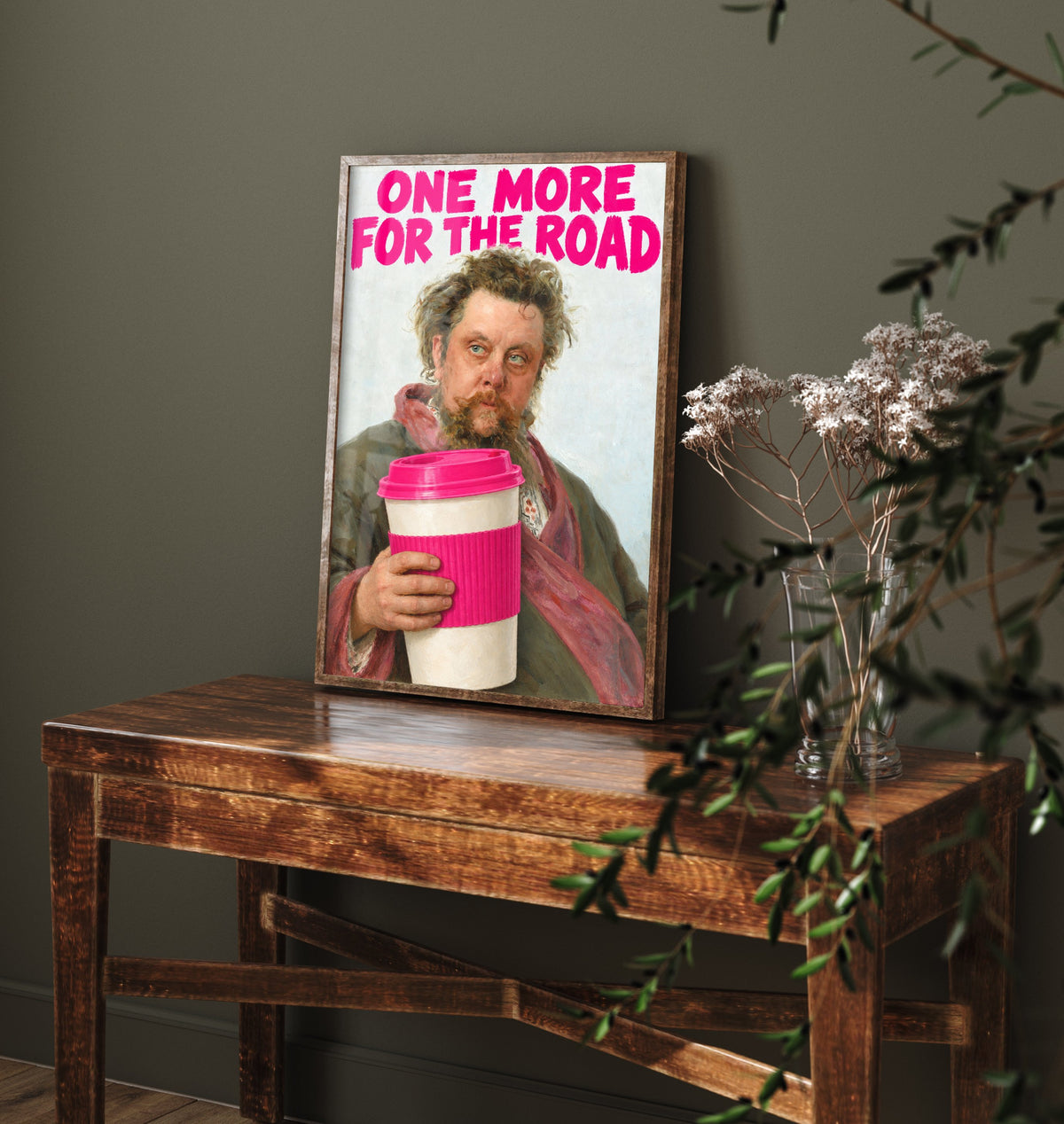 One More for the Road Funny Art Print - Portrait of Modest Mussorgsky by Repin Parody Poster - Altered Classic Painting - Coffee Lover Gift