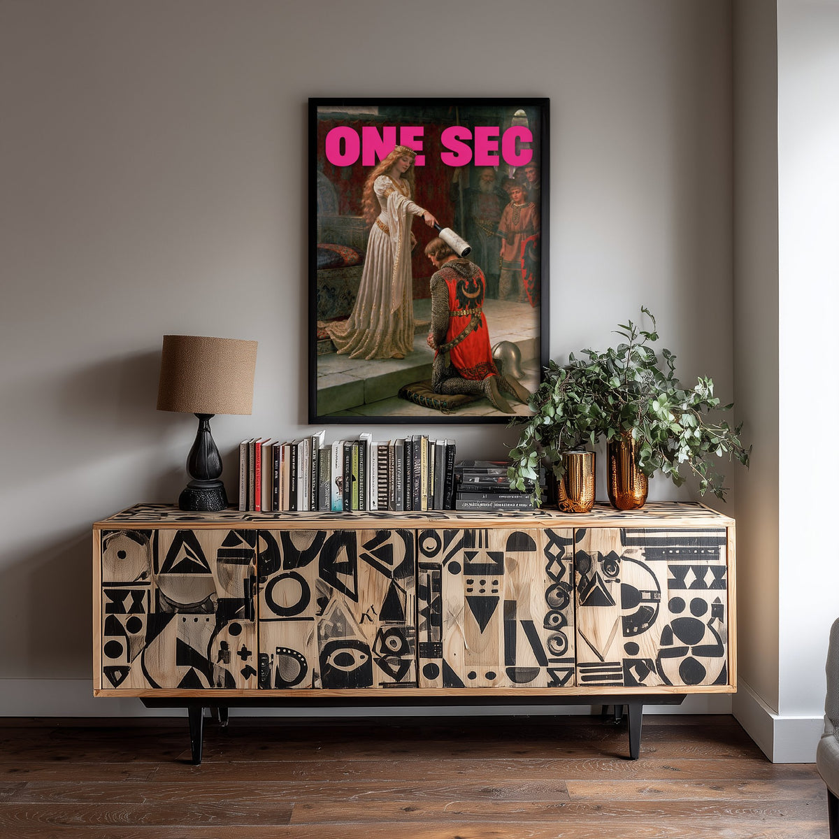 One Sec Funny Art Print - The Accolade by Edmund Blair Leighton Parody Poster - Altered Classic Painting - Partner Gift