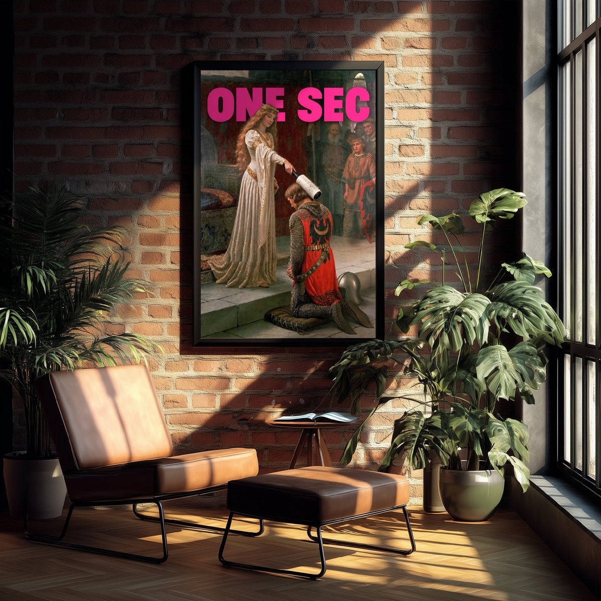One Sec Funny Art Print - The Accolade by Edmund Blair Leighton Parody Poster - Altered Classic Painting - Partner Gift