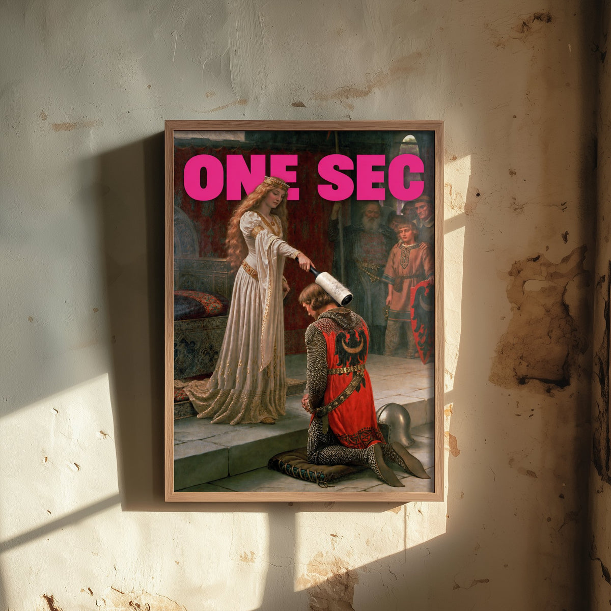 One Sec Funny Art Print - The Accolade by Edmund Blair Leighton Parody Poster - Altered Classic Painting - Partner Gift