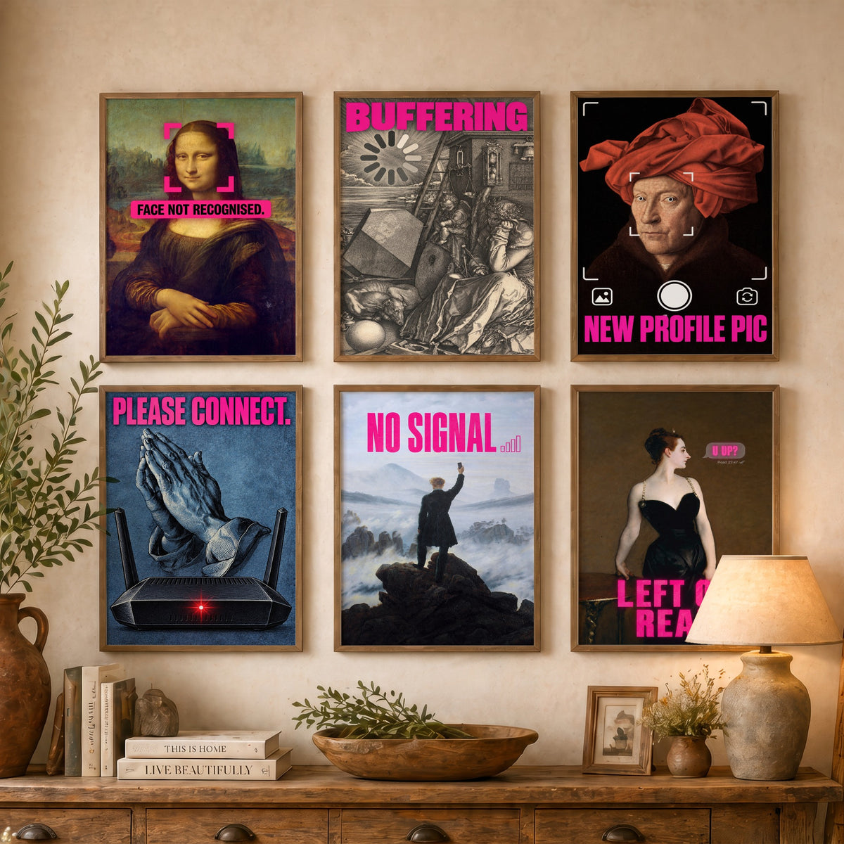 Set of Six Funny Online Art Prints - Buffering, Please Connect, No Signal, Left on Read - Classic Painting Parody Poster