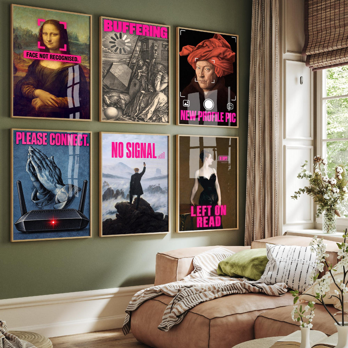 Set of Six Funny Online Art Prints - Buffering, Please Connect, No Signal, Left on Read - Classic Painting Parody Poster