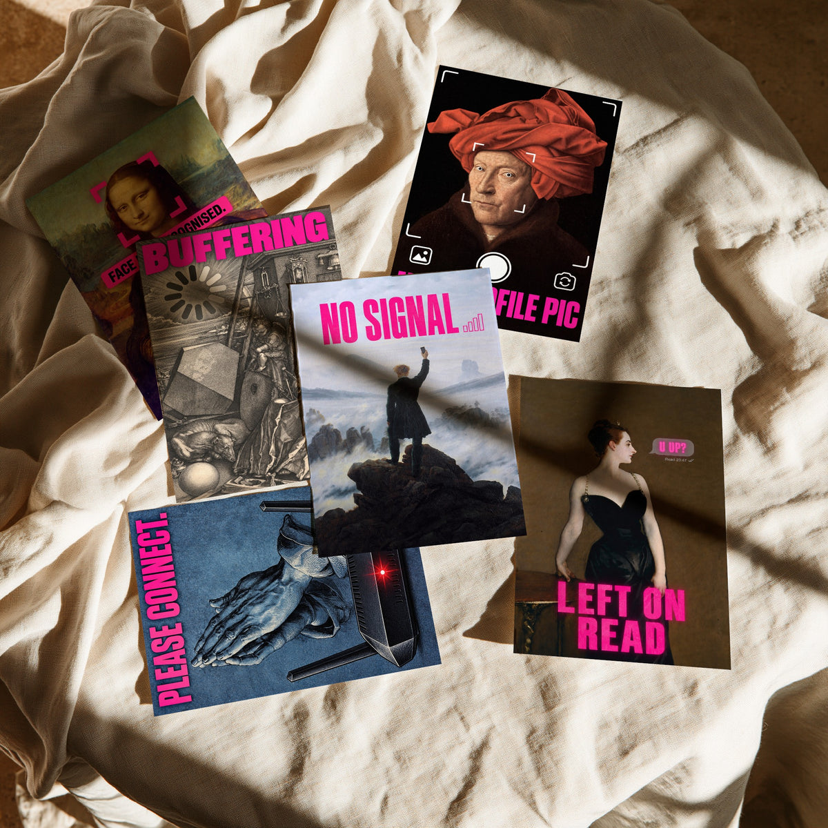 Set of Six Funny Online Art Prints - Buffering, Please Connect, No Signal, Left on Read - Classic Painting Parody Poster