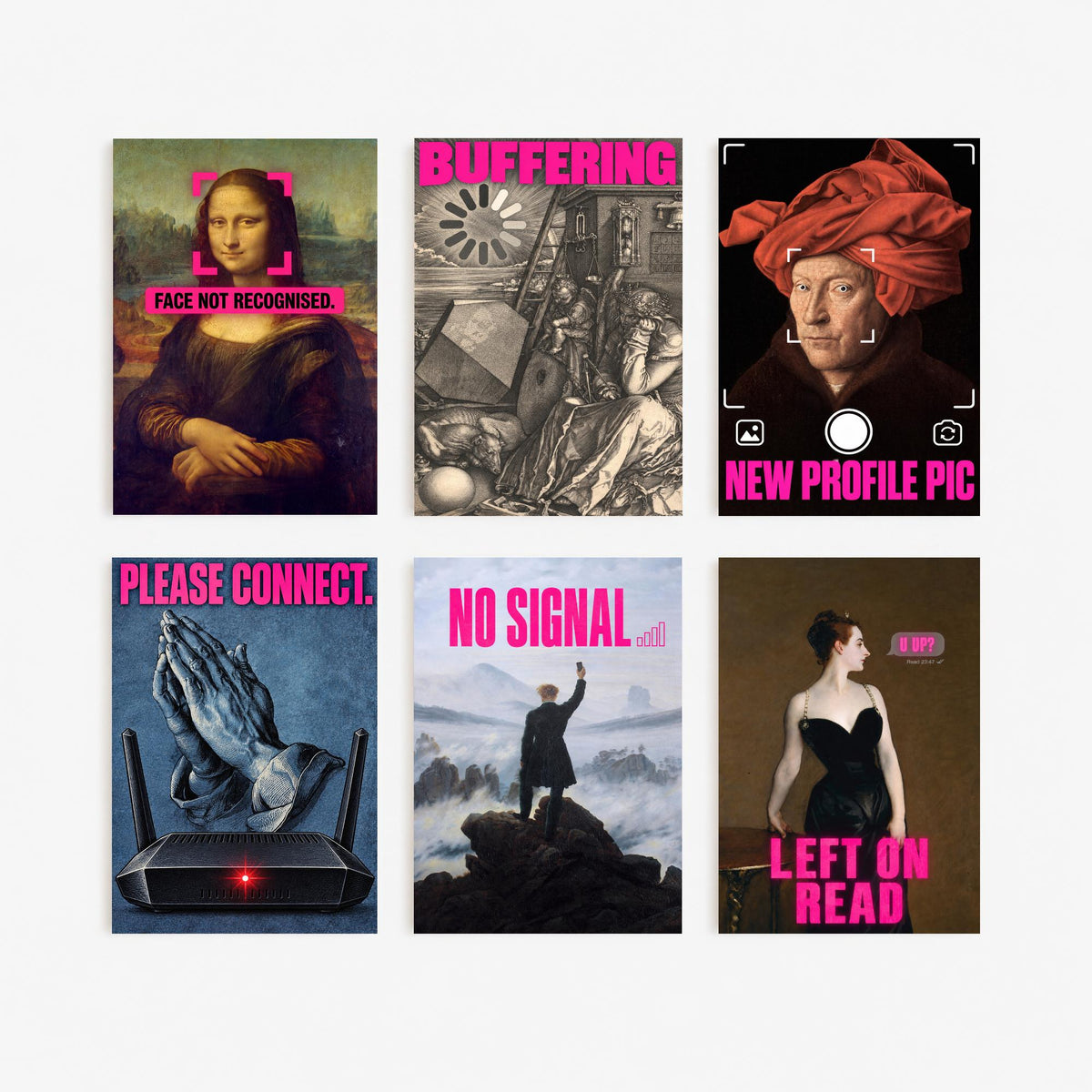 Set of Six Funny Online Art Prints - Buffering, Please Connect, No Signal, Left on Read - Classic Painting Parody Poster