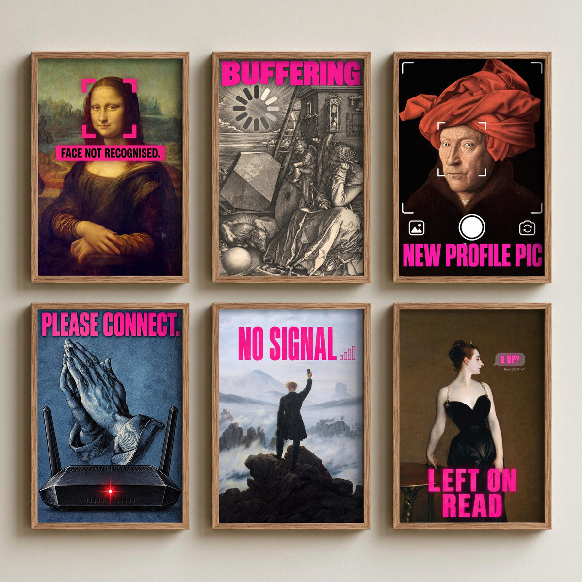 Set of Six Funny Online Art Prints - Buffering, Please Connect, No Signal, Left on Read - Classic Painting Parody Poster