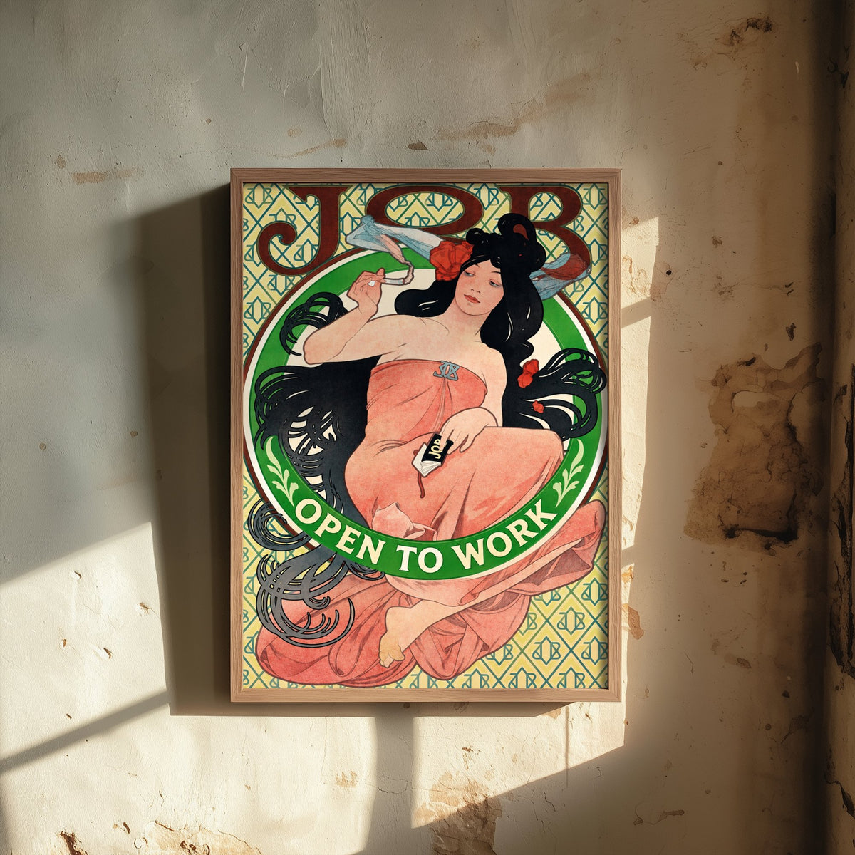 Open to Work Funny Art Print - Job by Mucha Parody Poster - Altered Art Nouveau Illustration - Job Hunter Gift