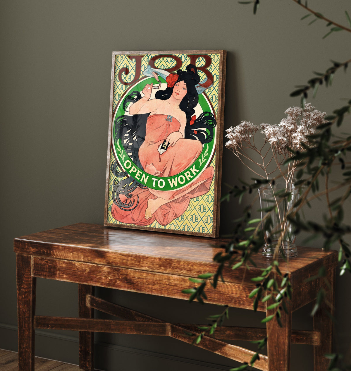 Open to Work Funny Art Print - Job by Mucha Parody Poster - Altered Art Nouveau Illustration - Job Hunter Gift