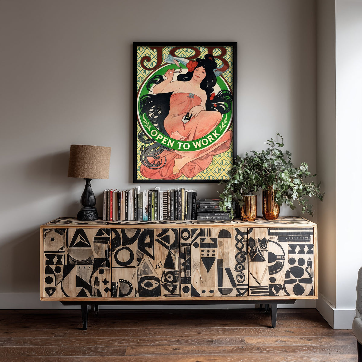 Open to Work Funny Art Print - Job by Mucha Parody Poster - Altered Art Nouveau Illustration - Job Hunter Gift