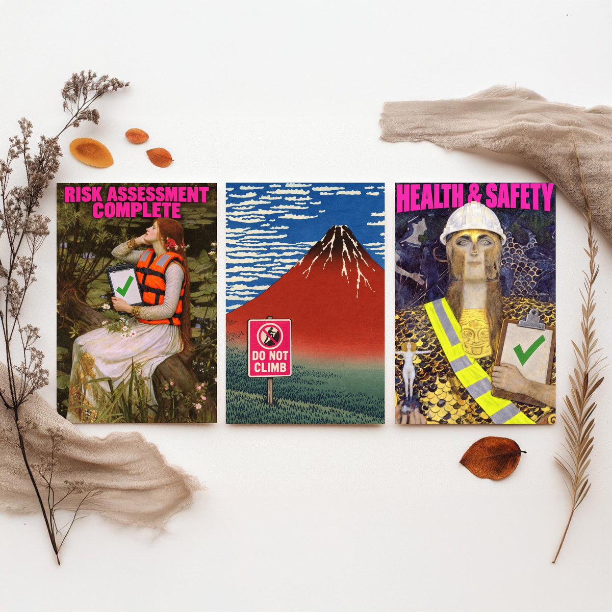 Funny Safety First Set of Three Art Prints - Risk Assessment Complete, Do Not Climb, Health and Safety - Classic Painting Parody Poster