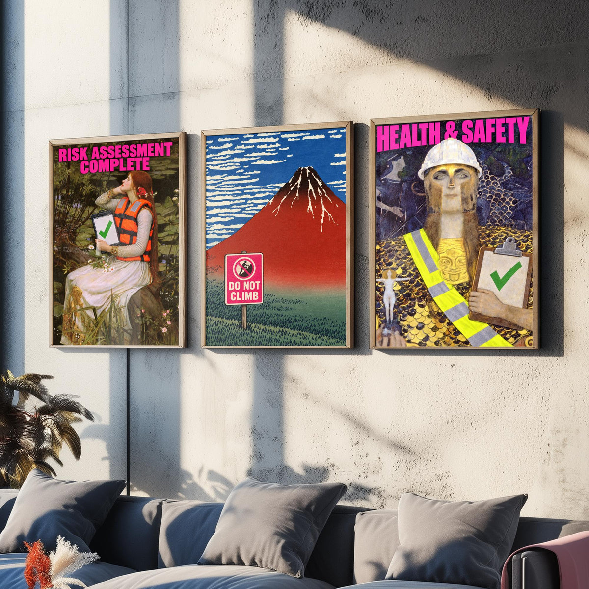 Funny Safety First Set of Three Art Prints - Risk Assessment Complete, Do Not Climb, Health and Safety - Classic Painting Parody Poster