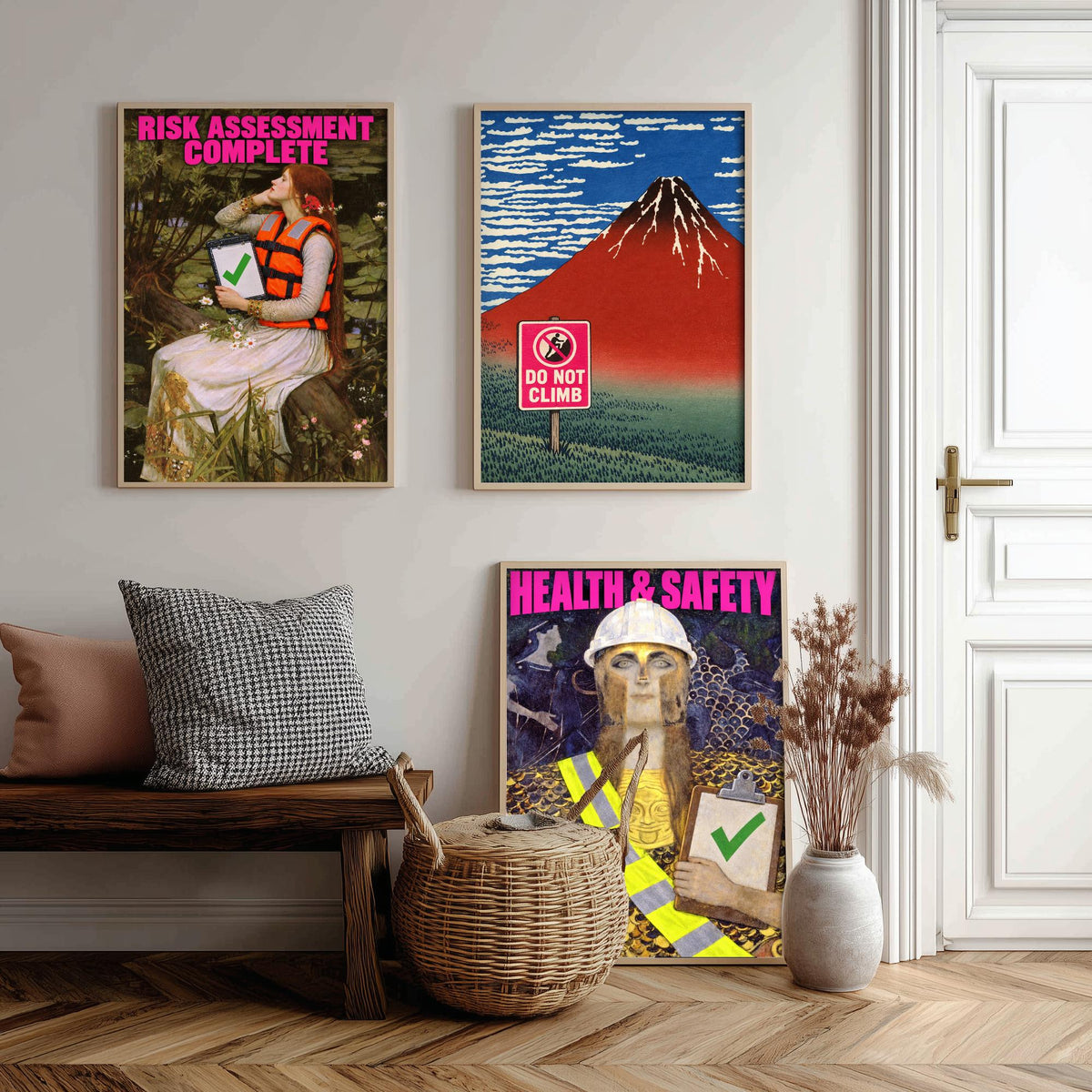 Funny Safety First Set of Three Art Prints - Risk Assessment Complete, Do Not Climb, Health and Safety - Classic Painting Parody Poster