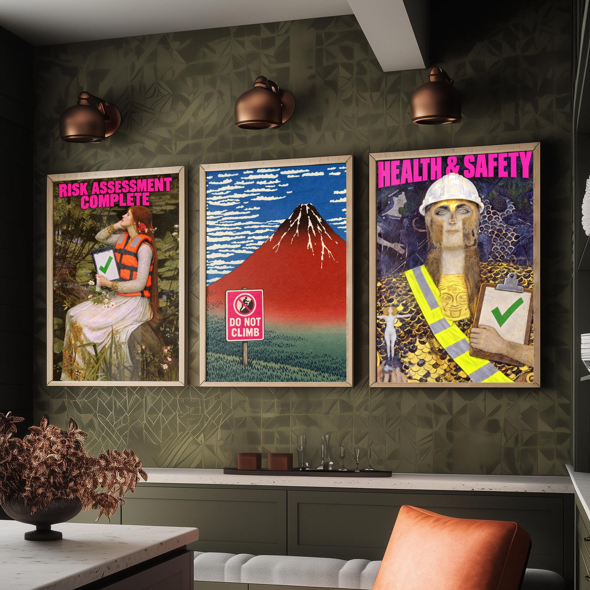 Funny Safety First Set of Three Art Prints - Risk Assessment Complete, Do Not Climb, Health and Safety - Classic Painting Parody Poster
