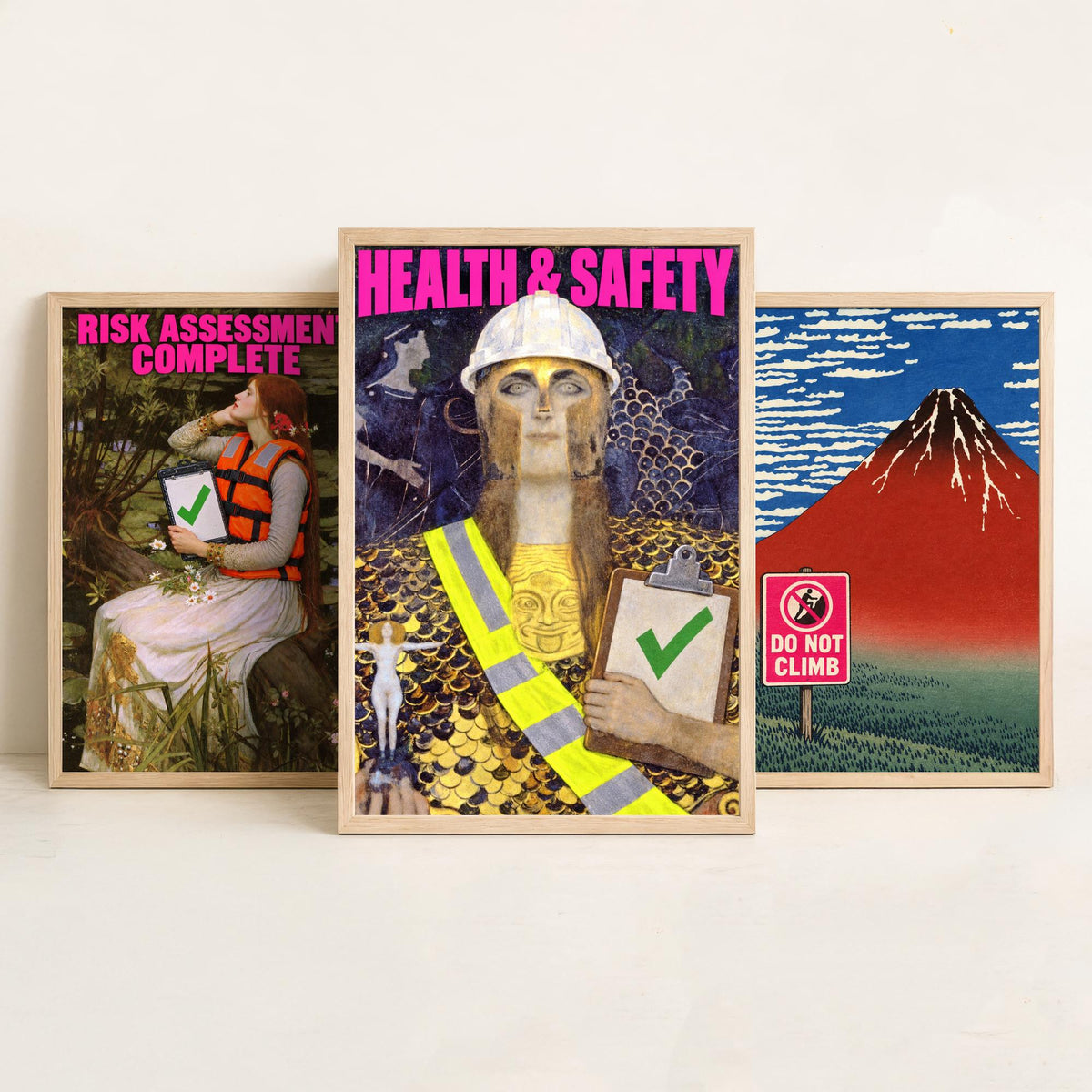 Funny Safety First Set of Three Art Prints - Risk Assessment Complete, Do Not Climb, Health and Safety - Classic Painting Parody Poster