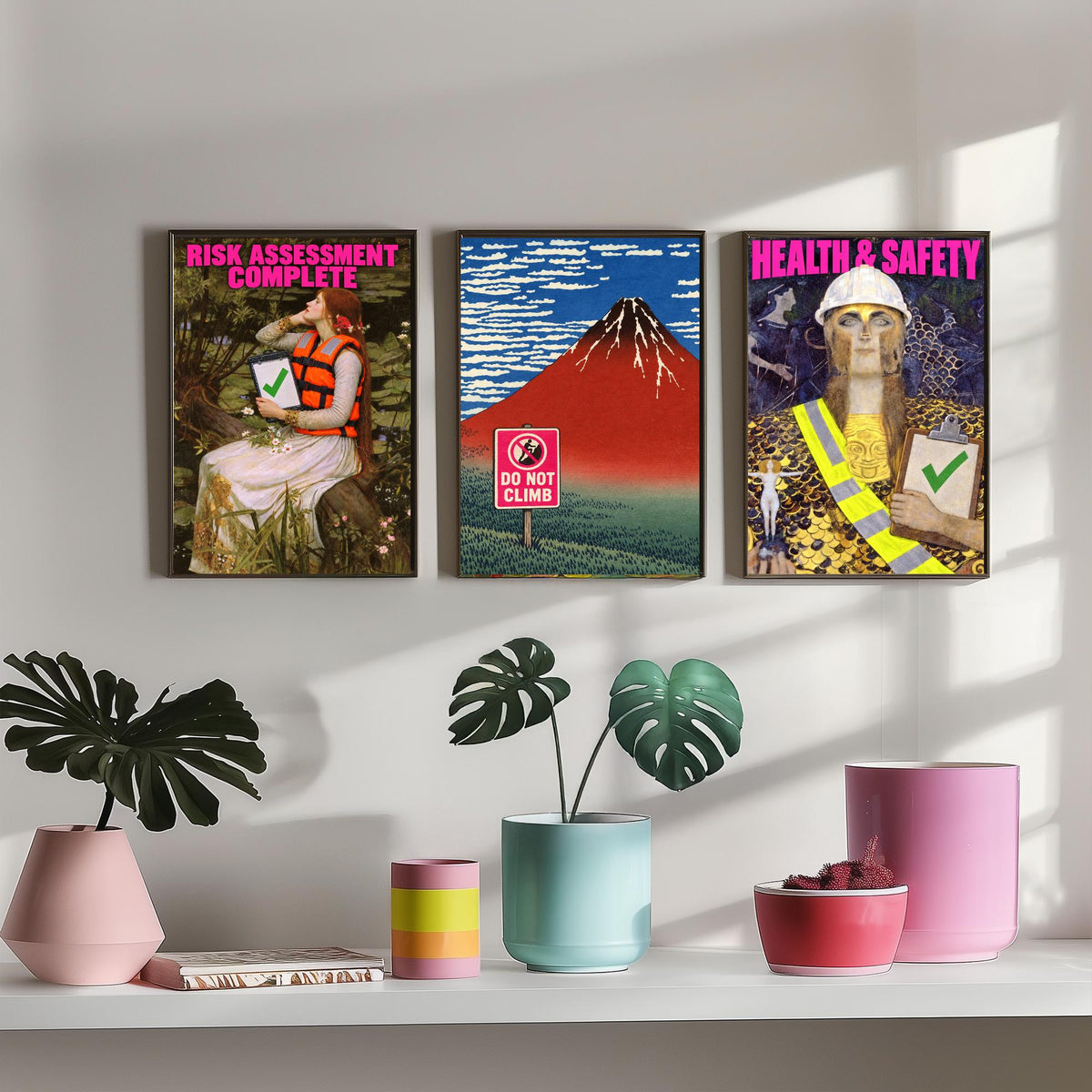 Funny Safety First Set of Three Art Prints - Risk Assessment Complete, Do Not Climb, Health and Safety - Classic Painting Parody Poster