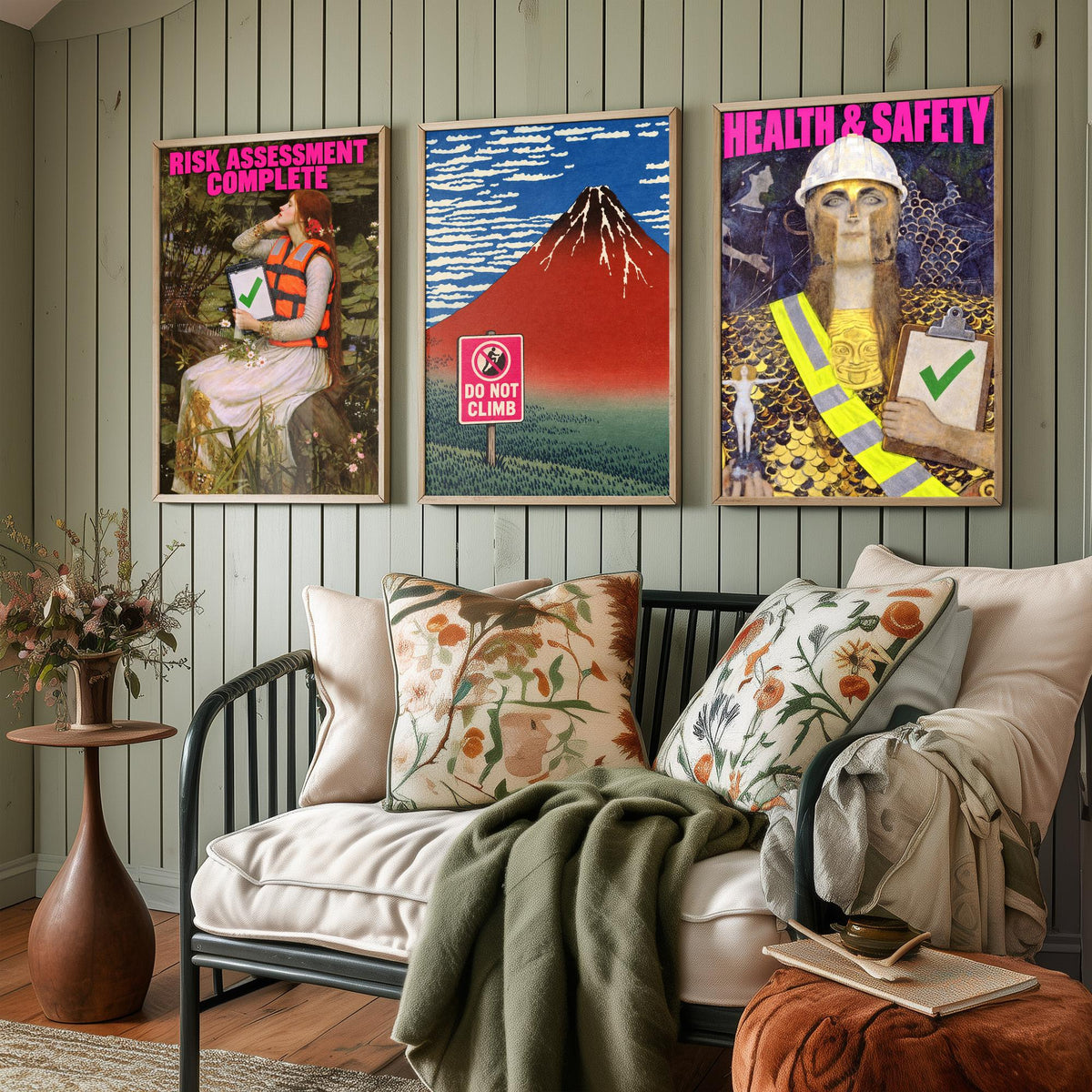 Funny Safety First Set of Three Art Prints - Risk Assessment Complete, Do Not Climb, Health and Safety - Classic Painting Parody Poster
