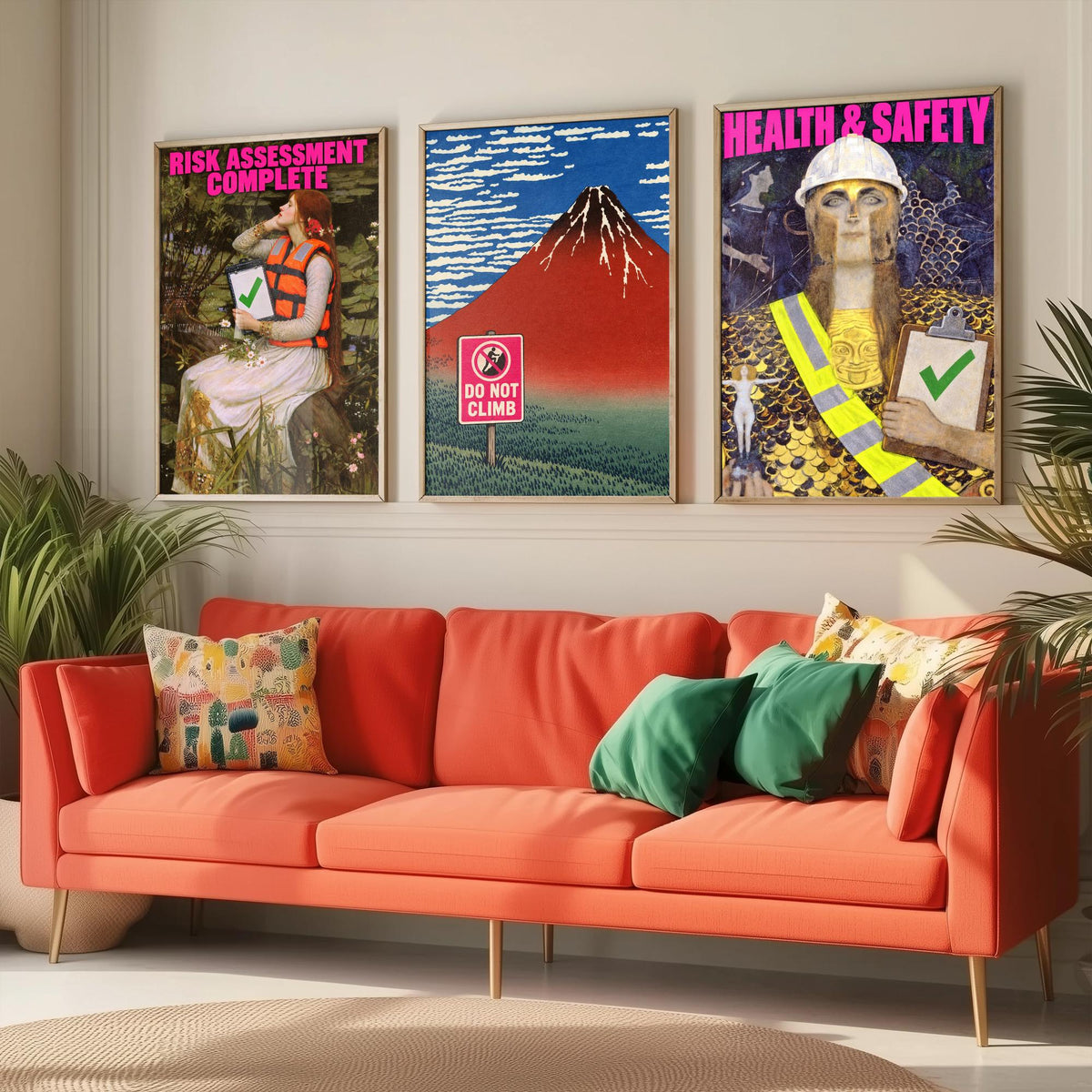 Funny Safety First Set of Three Art Prints - Risk Assessment Complete, Do Not Climb, Health and Safety - Classic Painting Parody Poster