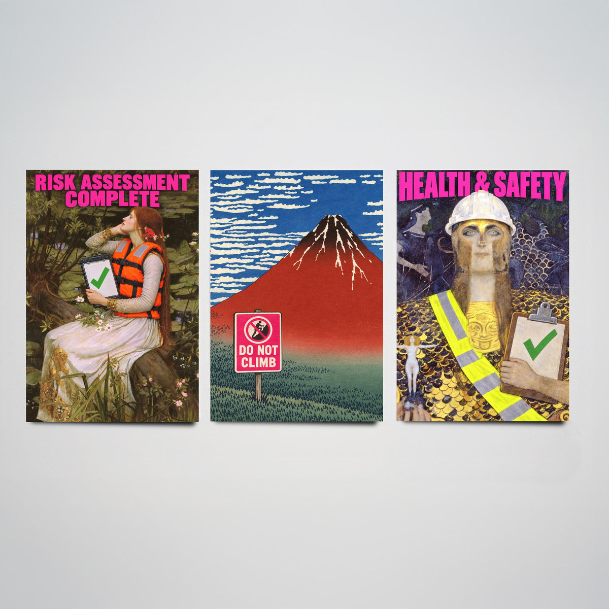 Funny Safety First Set of Three Art Prints - Risk Assessment Complete, Do Not Climb, Health and Safety - Classic Painting Parody Poster