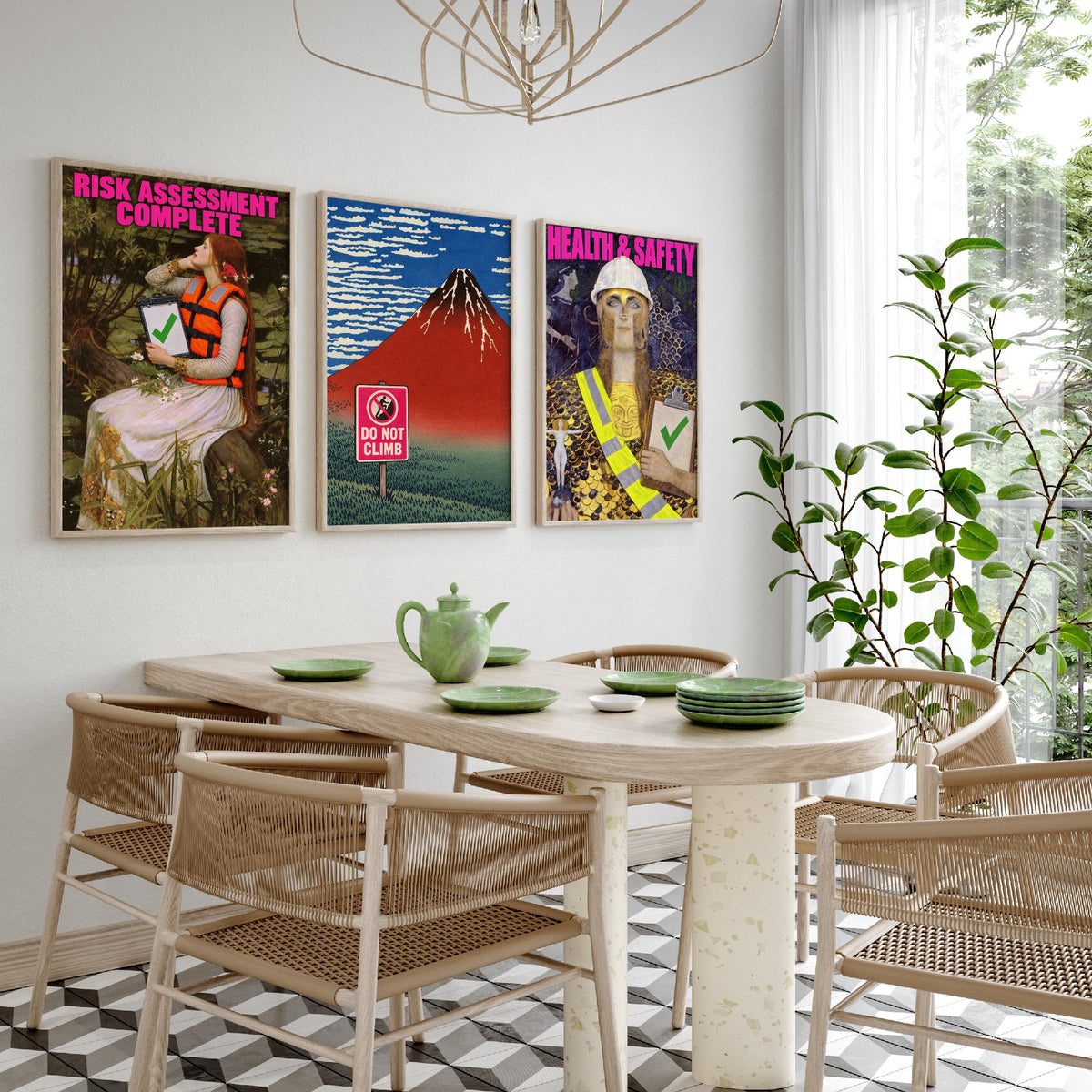 Funny Safety First Set of Three Art Prints - Risk Assessment Complete, Do Not Climb, Health and Safety - Classic Painting Parody Poster