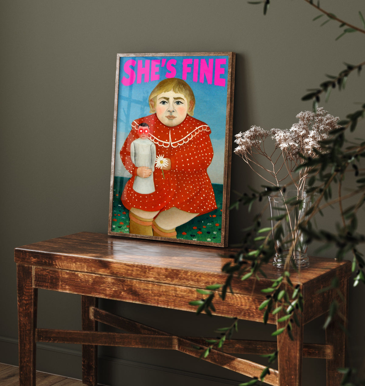 She's Fine Funny Art Print - Child with a Doll by Henri Rousseau Parody Poster - Altered Classic Painting - Horror Fan Gift