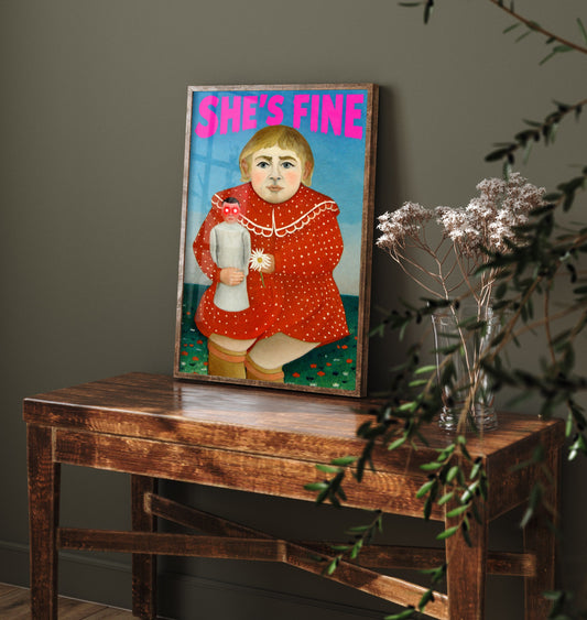 She's Fine Funny Art Print - Child with a Doll by Henri Rousseau Parody Poster - Altered Classic Painting - Horror Fan Gift