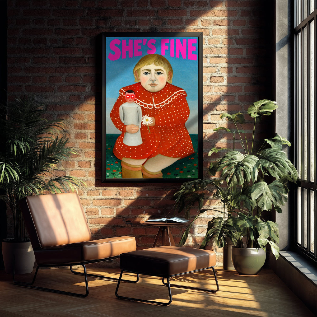 She's Fine Funny Art Print - Child with a Doll by Henri Rousseau Parody Poster - Altered Classic Painting - Horror Fan Gift