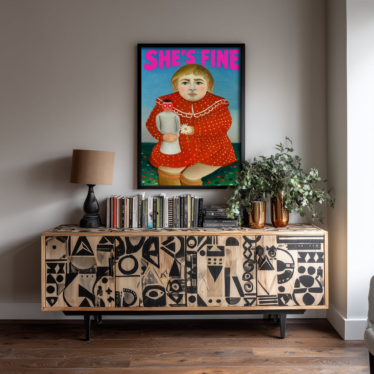 She's Fine Funny Art Print - Child with a Doll by Henri Rousseau Parody Poster - Altered Classic Painting - Horror Fan Gift