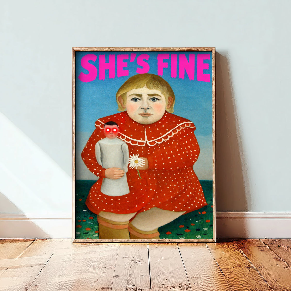 She's Fine Funny Art Print - Child with a Doll by Henri Rousseau Parody Poster - Altered Classic Painting - Horror Fan Gift
