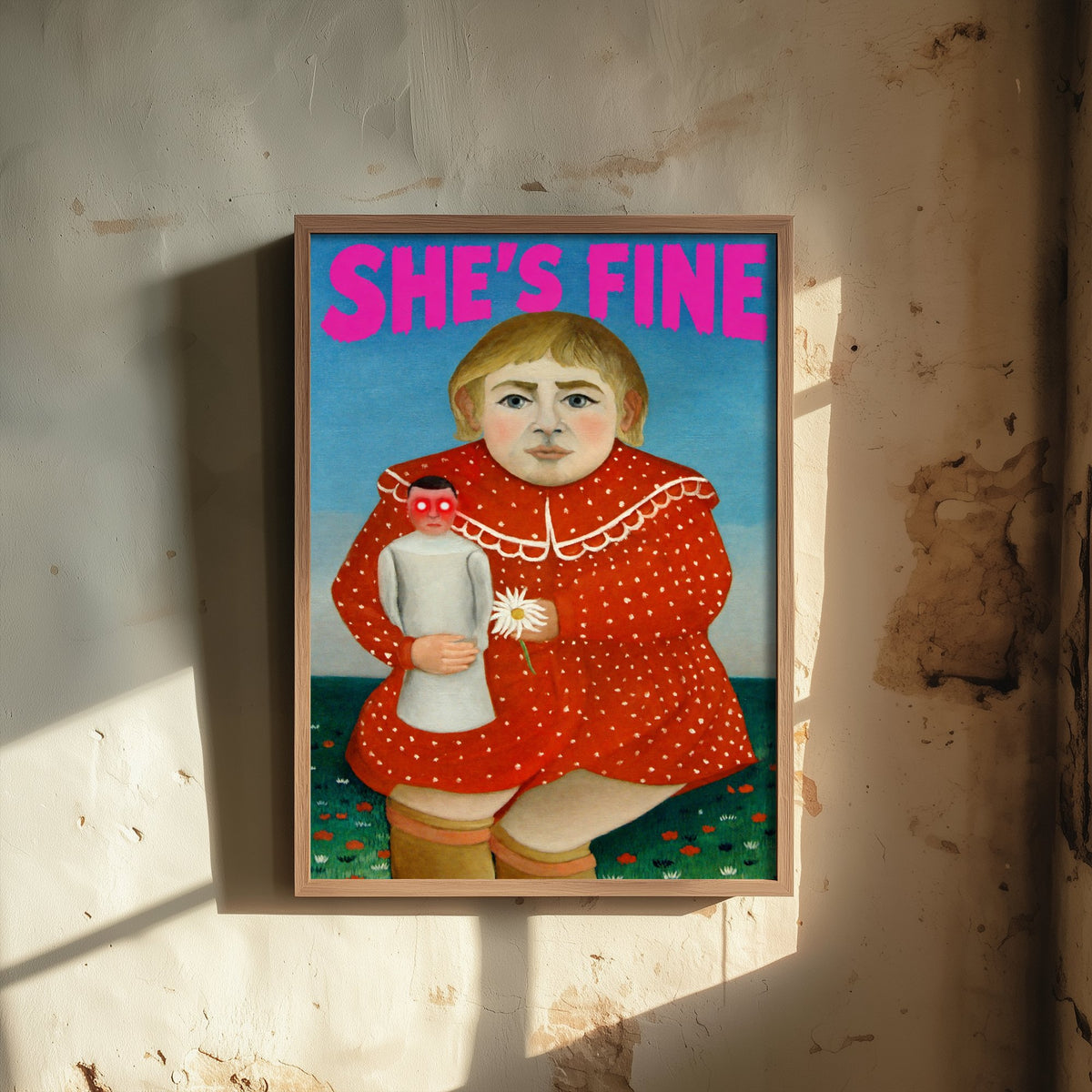 She's Fine Funny Art Print - Child with a Doll by Henri Rousseau Parody Poster - Altered Classic Painting - Horror Fan Gift